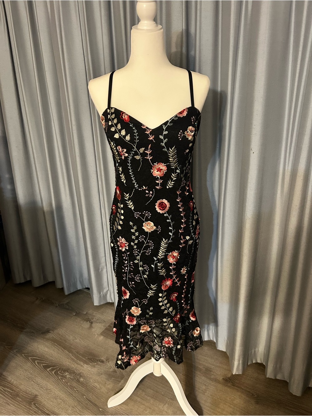 Floral Embroidered Black Slip Dress